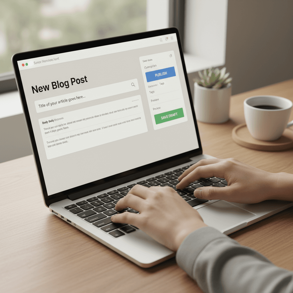 Hands typing into a content management system interface on laptop