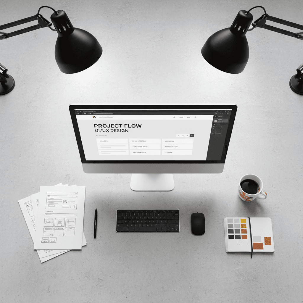 Web design workspace with monitor and design materials