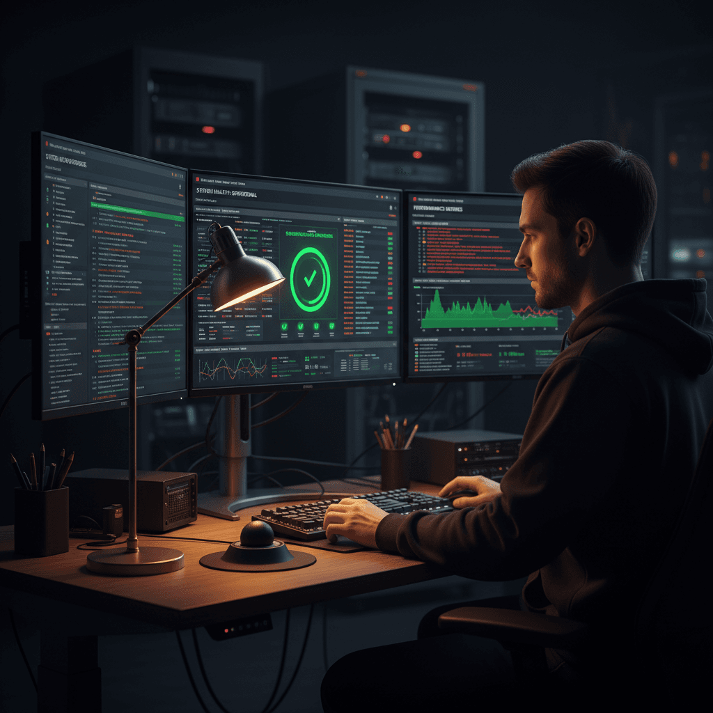 Developer monitoring website performance dashboards and security systems