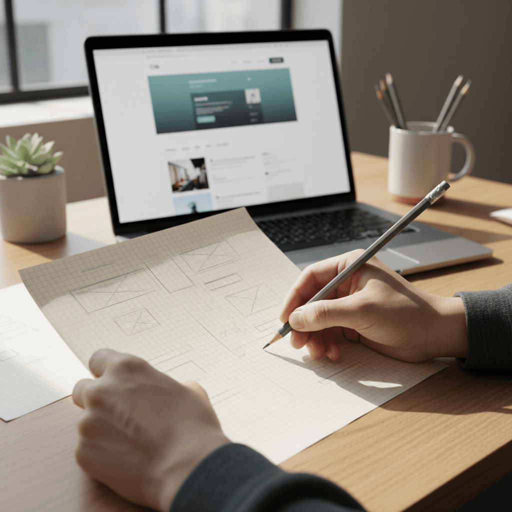 Designer sketching website wireframes on paper with laptop in background