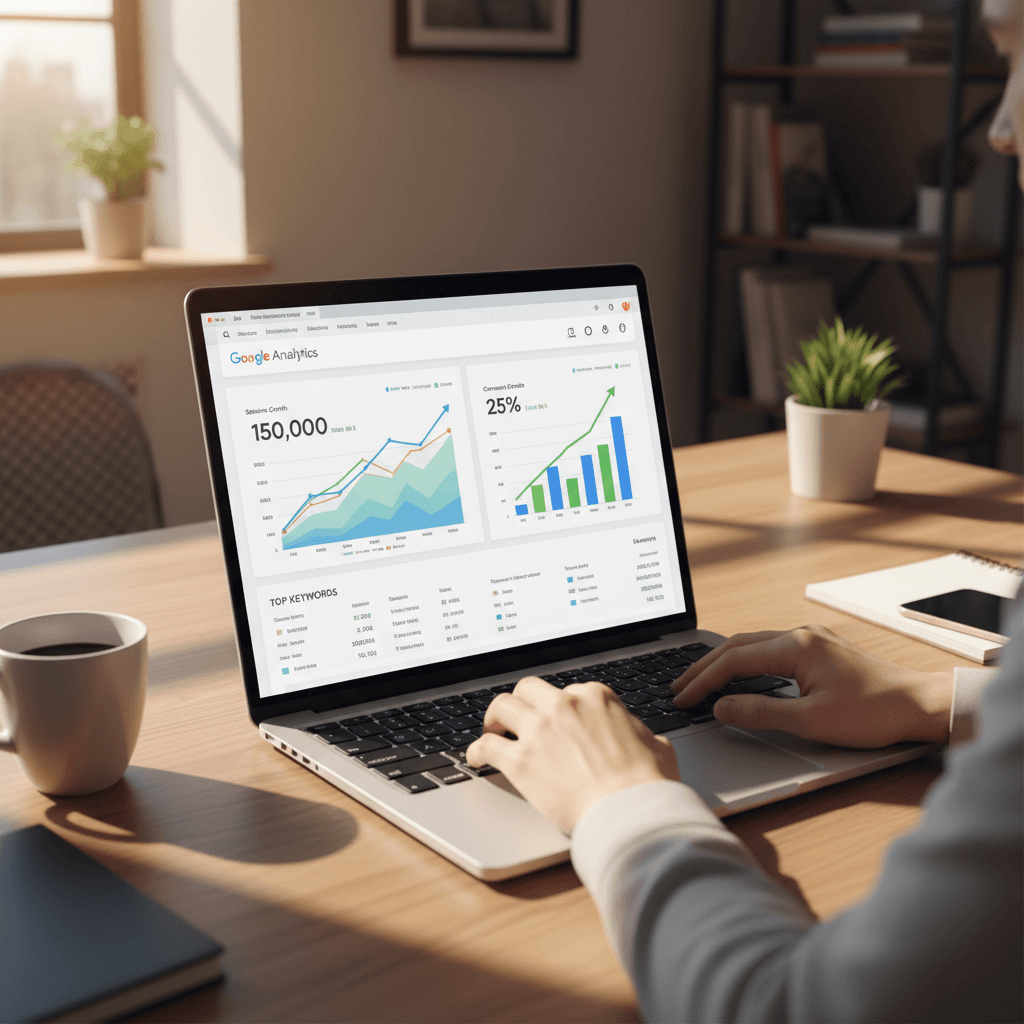 Laptop displaying analytics dashboard and search ranking reports