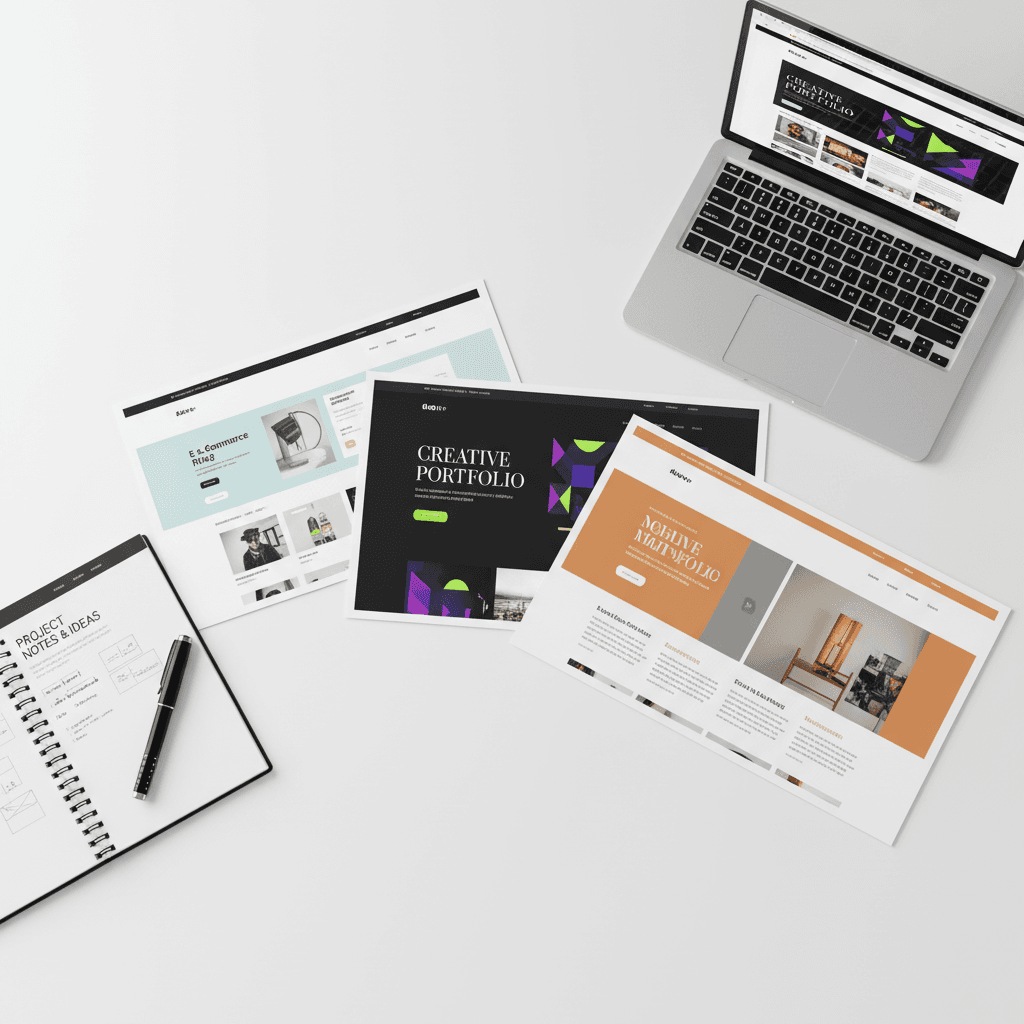 Printed website mockups and design samples on workspace