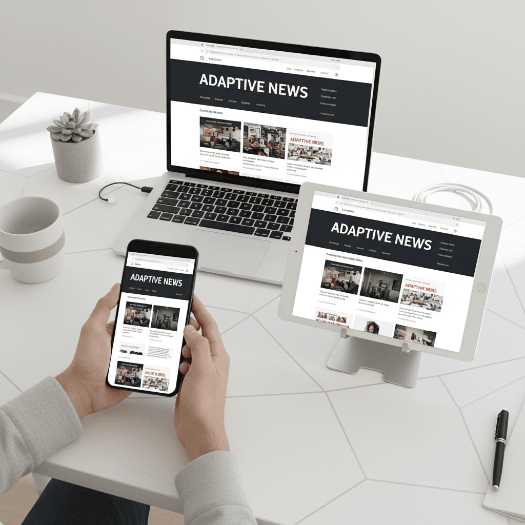 Developer workspace showing website displaying responsively across phone, tablet, and laptop