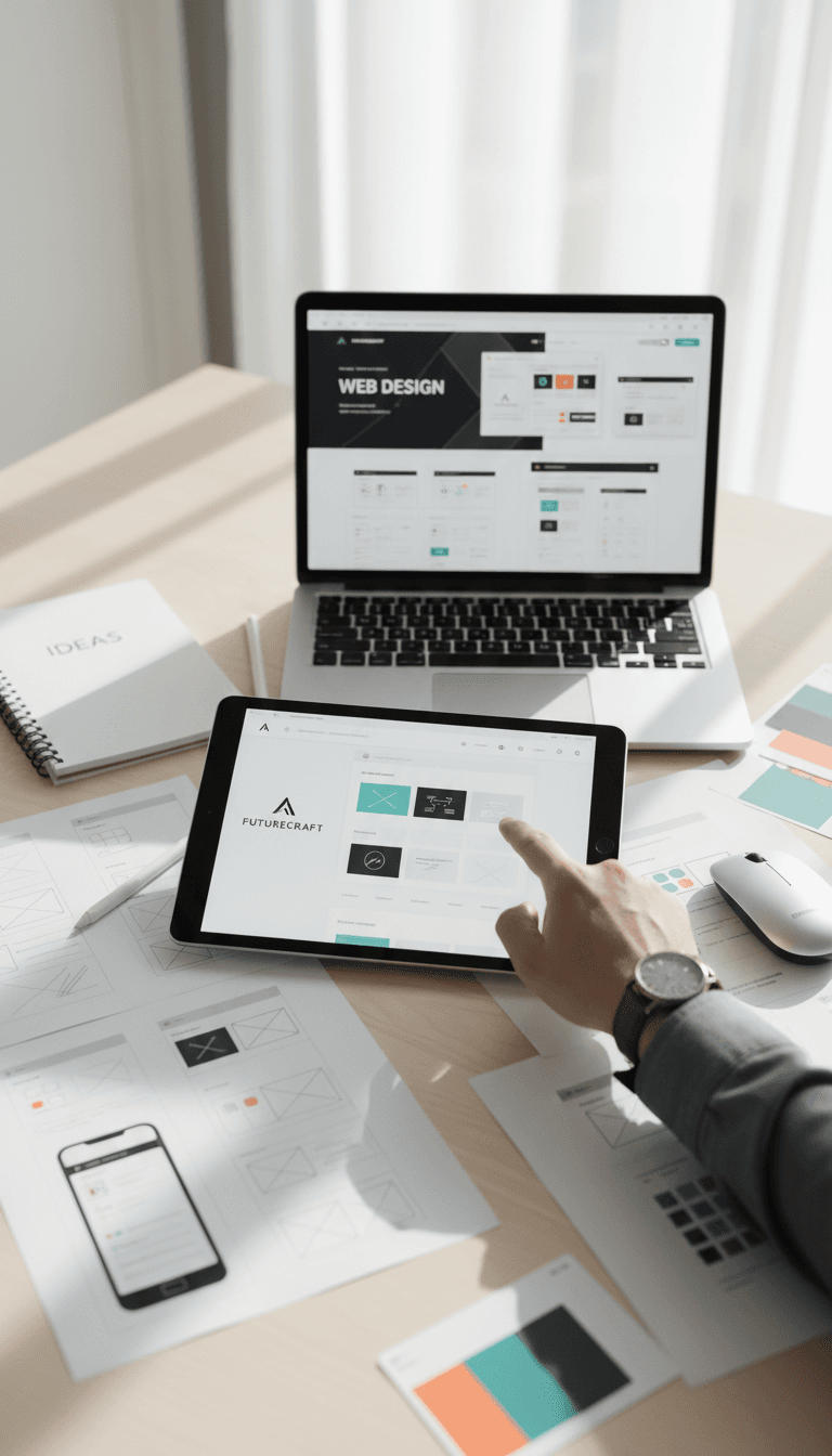 Web designer reviewing website mockups and prototypes on tablet and laptop screens